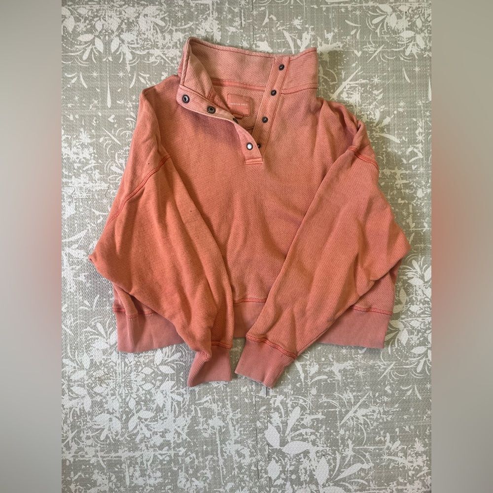 American Eagle Outfitters Cropped Coral Knit Snap-Button Funnel Neck Sweater